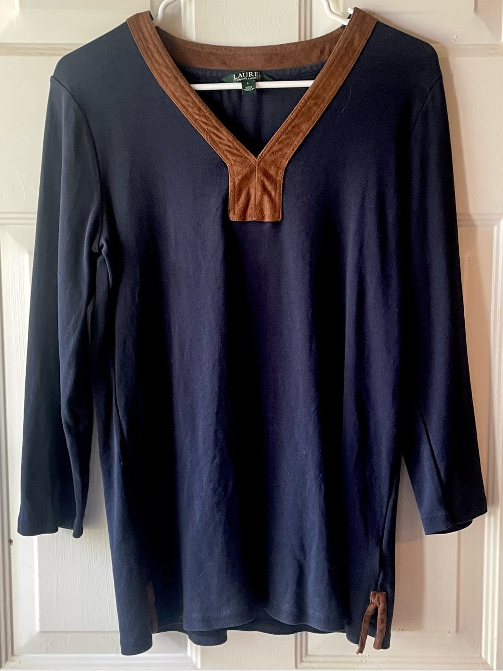 Ralph Lauren Navy Blue Brown Faux Suede Trim 100% Cotton Knit Tunic Top Large